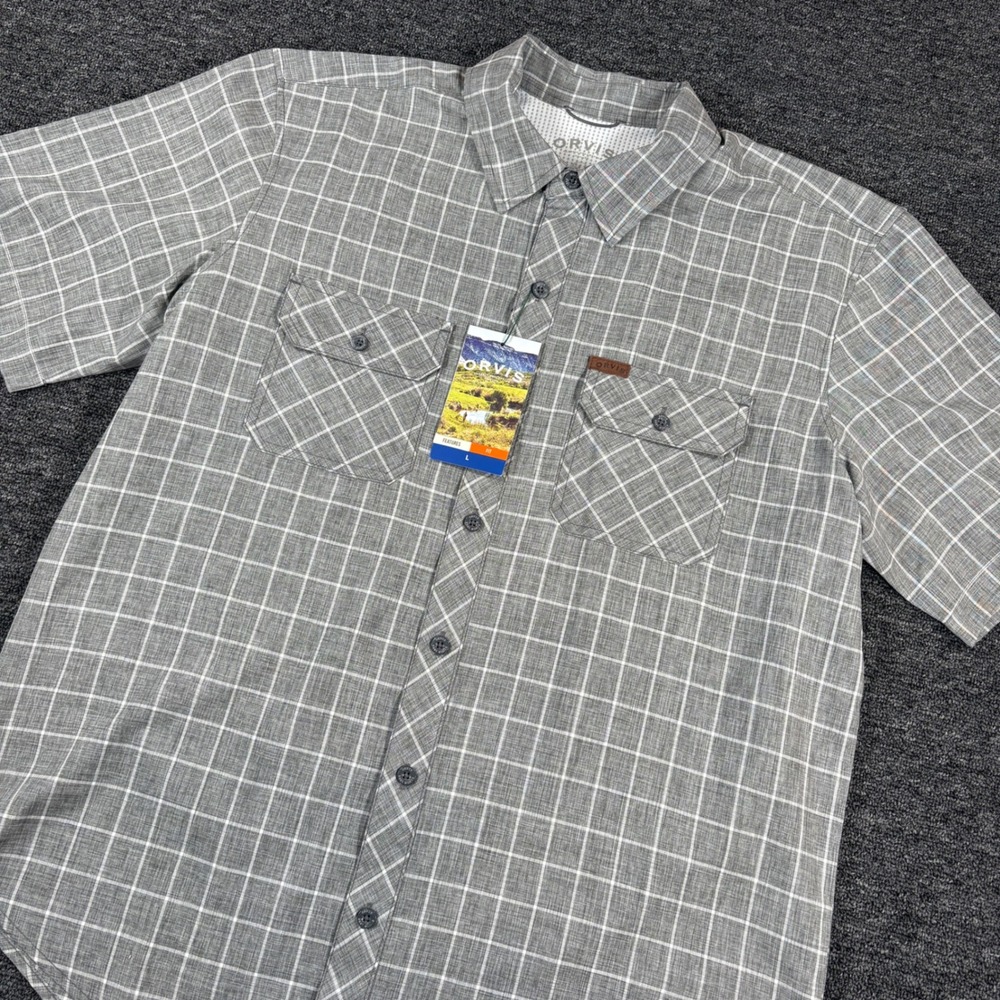Orvis Button Down Shirt Mens Large Grey Plaid Short Sleeve Ventilated Pockets